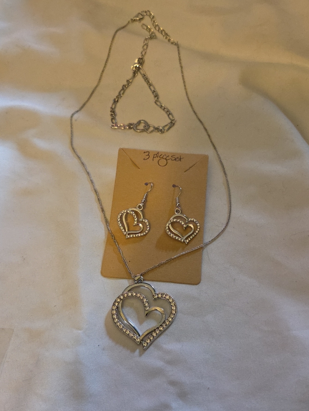 Silver Heart Pendant Necklace and Earring & Bracelet Set - Sparkling Silver Tone